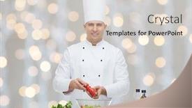  Presentation with christmas food - PPT theme with profession vegetarian food and people concept - happy male chef cooking and seasoning vegetable salad over christmas holidays lights background background and a light gray colored foreground