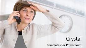  Presentation with office - Amazing presentation theme having professiona - senior businesswoman looking through office backdrop and a  colored foreground