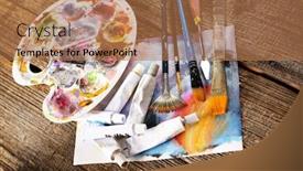  Presentation with tubes - Cool new presentation design with professional acrylics paints in tubes palette with artistic putty knife and brushes on canvas backdrop and a coral colored foreground