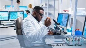  Presentation with genetic research - Cool new slide set with professional-african-american-scientist backdrop and a light blue colored foreground