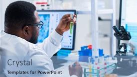  Presentation with research engineer - Cool new slide set with professional-african-american-scientist backdrop and a light blue colored foreground