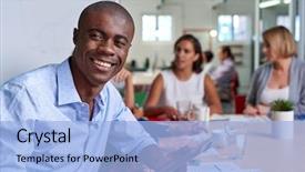 Presentation with coworkers - Presentation theme featuring professional african black business man background and a light blue colored foreground