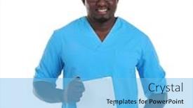  Presentation with children doctor african - Beautiful slides featuring professional african doctor with tablet isolated on white backdrop and a light blue colored foreground