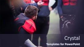  Presentation with professional training - Presentation design having professional american football player discussing strategy together with his teammates at halftime during training match on the stadium field background and a wine colored foreground