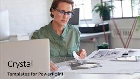  Presentation with interior designer - Beautiful presentation featuring professional architect interior designer working with laptop blueprint drawings and material samples backdrop and a light gray colored foreground