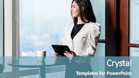  Presentation with front office - Colorful slides enhanced with professional attire - asian business woman standing backdrop and a teal colored foreground