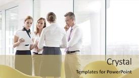  Presentation with people - Presentation theme having professional attire - business people discussing over documents background and a  colored foreground