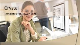  Presentation with old desktop computer - Slide set with professional attire - industrial designer working on desktop background and a soft green colored foreground