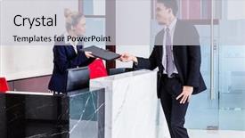  Presentation with receptionist - Audience pleasing theme consisting of professional attire - job applicant at business front backdrop and a light gray colored foreground