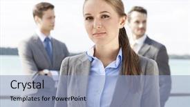  Presentation with coworkers - Slide deck consisting of professional attire - portrait of confident businesswoman standing background and a light blue colored foreground