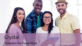  Presentation with business team join hands white - PPT theme featuring professional attitude - portrait of happy business team background and a coral colored foreground