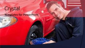  Presentation with mechanic shop - Cool new PPT theme with professional auto mechanic changing tire in auto repair shop garage backdrop and a coral colored foreground