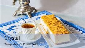  Presentation with blue professional - Presentation design with professional bakery gorgeous white cheesecake sprinkled with sweet crumbs the background is a samovar and a thin porcelain cup with hot tea on a blue patterned kitchen towel background and a light blue colored foreground