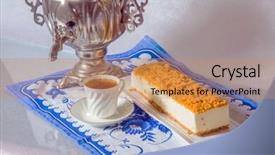  Presentation with blue professional - Cool new presentation theme with professional bakery gorgeous white cheesecake sprinkled with sweet crumbs the background is shiny samovar and cup with hot tea on blue kitchen towel backdrop and a coral colored foreground