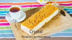  Presentation with porcelain - Slide set consisting of professional bakery the vase with daisies and porcelain cup with hot tea white cheesecake sprinkled with sweet crumbs background and a coral colored foreground