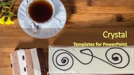  Presentation with tea cake - Slide deck having professional bakery three-layer chocolate cake decorated with chocolate patterns background - porcelain cup with hot tea holiday cake three-colate background and a tawny brown colored foreground