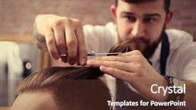  Presentation with barber - Colorful slide deck enhanced with barber making stylish man haircut backdrop and a tawny brown colored foreground