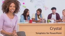  Presentation with smiling kids at summer camp - Presentation theme consisting of professional black woman - happy editor smiling at camera background and a  colored foreground