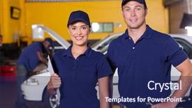  Presentation with auto - Beautiful PPT layouts featuring professional blue - two happy auto service center backdrop and a navy blue colored foreground