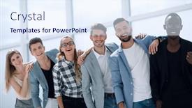  Presentation with team group - Colorful PPT theme enhanced with professional-business-lawyer-team-standing backdrop and a sky blue colored foreground