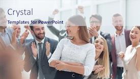  Presentation with team leader - Slides enhanced with professional-business-team-congratulating background and a sky blue colored foreground