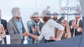  Presentation with team leader - Cool new PPT theme with professional-business-team-congratulating backdrop and a sky blue colored foreground
