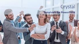  Presentation with team leader - Amazing presentation design having professional-business-team-congratulating backdrop and a sky blue colored foreground