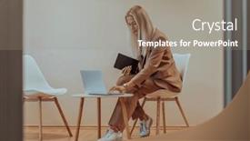  Presentation with professional - Slide set having professional-businesswoman-sits background and a gray colored foreground