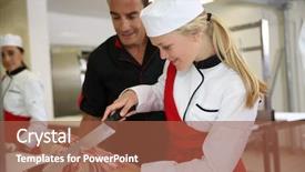  Presentation with butcher - PPT theme enhanced with professional butcher teaching student with meat cutting background and a tawny brown colored foreground