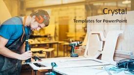  Presentation with cabinetmaker - Presentation theme enhanced with sander machine - professional cabinetmaker grinding wooden workpiece background and a yellow colored foreground