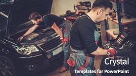  Presentation with car service - Cool new PPT theme with professional car mechanic balancing car backdrop and a dark gray colored foreground
