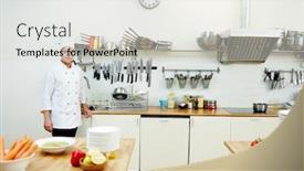  Presentation with restaurant kitchen - Slide deck with professional chef of restaurant standing by sink in the kitchen in working environment background and a light gray colored foreground