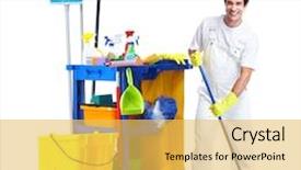  Presentation with professional - Slide set consisting of professional cleaner man with janitor cart isolated on white background background and a yellow colored foreground