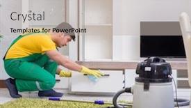  Presentation with contractor - Presentation theme with professional cleaning contractor working at home background and a light gray colored foreground