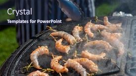  Presentation with food grill - Presentation design enhanced with professional-cook-prepares-shrimps background and a navy blue colored foreground