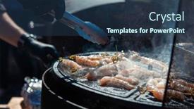  Presentation with food grill - Presentation design consisting of professional-cook-prepares-shrimps background and a ocean colored foreground