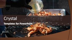  Presentation with food grill - Presentation theme enhanced with professional-cook-prepares-shrimps background and a tawny brown colored foreground