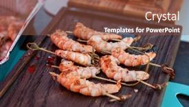  Presentation with food grill - Theme enhanced with professional-cook-prepares-shrimps background and a tawny brown colored foreground