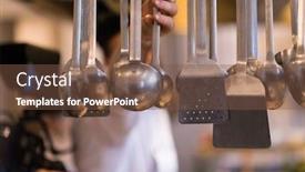  Presentation with cooking utensils - Cool new PPT theme with professional cooking utensils hanging in a restaurant kitchen backdrop and a tawny brown colored foreground