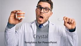  Presentation with orthodontics - Beautiful PPT layouts featuring professional-dentist-doctor-holding-denture backdrop and a light blue colored foreground