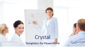  Presentation with meeting - Slides having picture of smiling businesswoman on business meeting in office background and a sky blue colored foreground