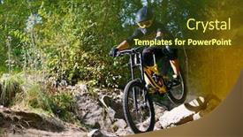  Presentation with mountain bike - Presentation theme having professional dh cyclist riding the mountain bike on the autumn forest trail extreme sport and enduro cycling concept background and a tawny brown colored foreground