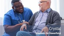  Presentation with home health care - PPT theme enhanced with professional-doctor-helps-an-elderly background and a ocean colored foreground