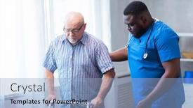  Presentation with home health care - PPT theme featuring professional-doctor-helps-an-elderly background and a light blue colored foreground