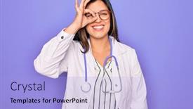  Presentation with medical smiling doctor - Cool new presentation design with professional-doctor-woman-wearing-stethoscope backdrop and a light blue colored foreground