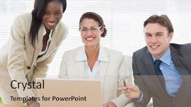  Presentation with business office desk - Audience pleasing slide set consisting of professional dress - portrait of smiling business colleagues backdrop and a soft green colored foreground