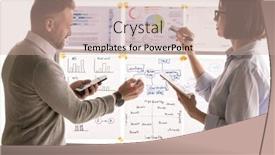  Presentation with whiteboard - Colorful PPT theme enhanced with professional-economists-standing-by-whiteboard backdrop and a coral colored foreground