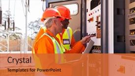  Presentation with electrical transformer - Colorful PPT theme enhanced with professional electrical engineers adjusting transformer backdrop and a red colored foreground
