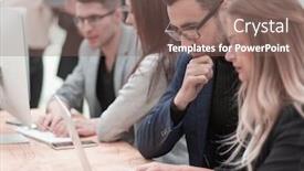  Presentation with computers - PPT theme consisting of professional-employees-work-on-computers background and a violet colored foreground