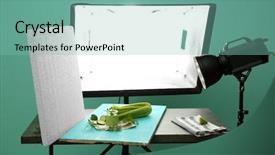  Presentation with fruit vegetable juice - Colorful presentation design enhanced with professional equipment and vegetable juice backdrop and a  colored foreground